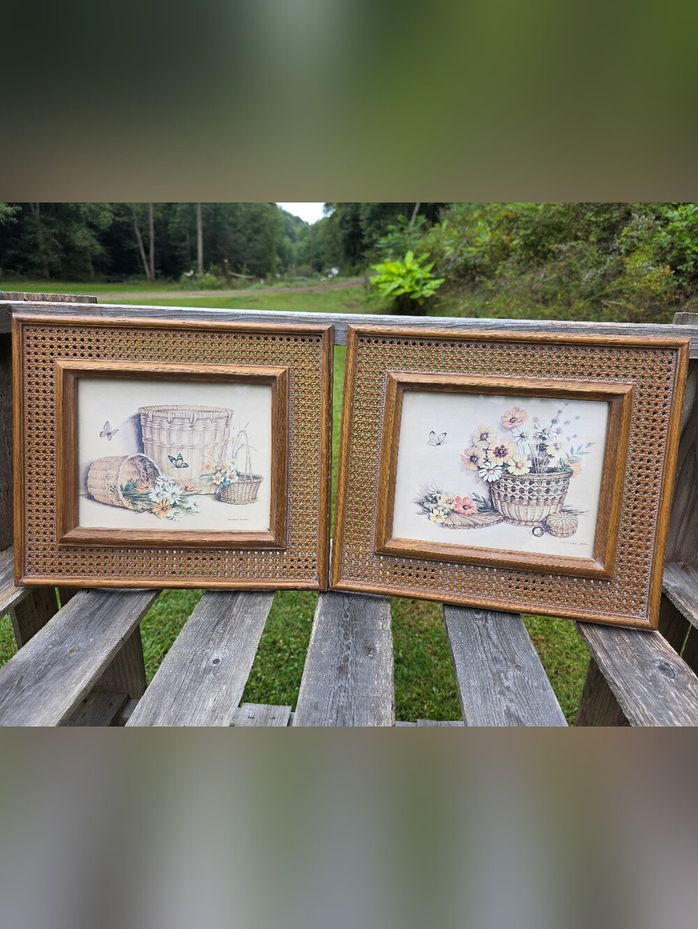 Vintage Boho Wicker Framed Wall Art Wildflower Basket Cottage Core Granny 15x13